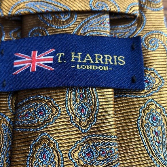 T. Harris London 100% Silk Hand Tie Gold with Blue Paisley designs - Picture 5 of 6